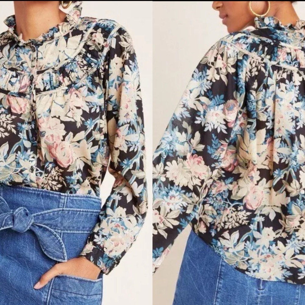 Anthropologie La Vie Rebecca Taylor Queenie Ruffle Top Preppy Floral Romantic S